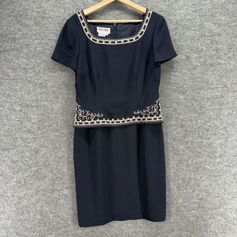 Maggy London Dress Women 10 Black Sheath Midi Square Neck Zipper Short Sleeve